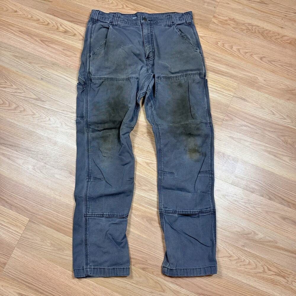 Thrashed Carhartt Men's Double Knee Work Pants 33 X 32 Gray Distressed Stained